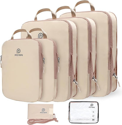 Lightweight Compression Packing Cubes for Suitcases, Compressible Expandable Travel Packing Organizer with Clear Toiletries and Backpack Bag, Travel Essentials for Carry on Luggage 7 Set