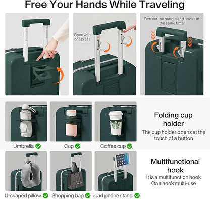 mixi 2-Piece Luggage Sets with Cup Phone Holder and Charger Hard Shell Suitcases with Spinner Wheels, 20+26 Inch Blackish Green