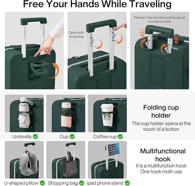 mixi Carry On Luggage with Cup Phone Holder and Charger Hard Shell Suitcases with Spinner Wheels,20 Inch Blackish Green
