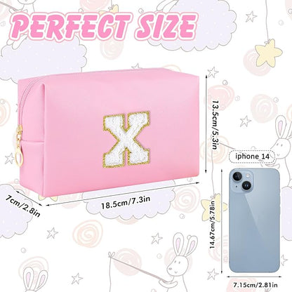 Initial Makeup Bag Personalized Preppy Travel Small Cosmetic Bag Cute PU Pink Chenille Letter Makeup Pouch for Purse Waterproof Zippered Toiletry Organizer for Women Girls Kids Friends (X)