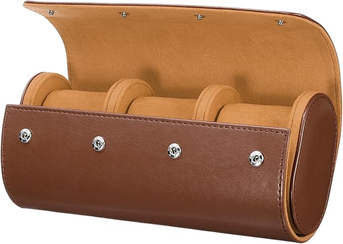 HARFINGTON Watch Roll Travel Case 3 Slot Portable Leather Watch Case for Men and Women, Watches Storage Organizer with Removable Pillows for Traveling, Display, Home Storage, Brown