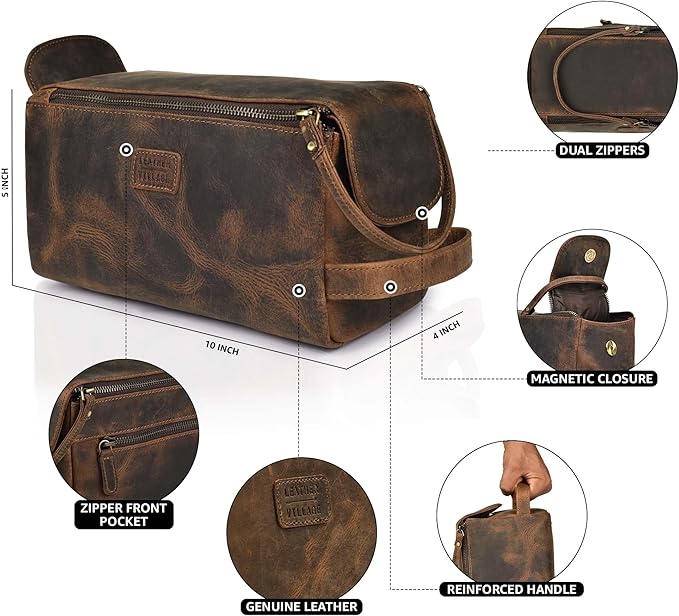 LEATHER VILLAGE Premium Leather Travel Toiletry Bag - Water-Resistant Dopp Kit for Toiletries, Large Shaving Bag & Bathroom Organizer - Gift for Men & Women - Rustic Brown
