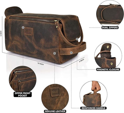 LEATHER VILLAGE Premium Leather Travel Toiletry Bag - Water-Resistant Dopp Kit for Toiletries, Large Shaving Bag & Bathroom Organizer - Gift for Men & Women - Rustic Brown