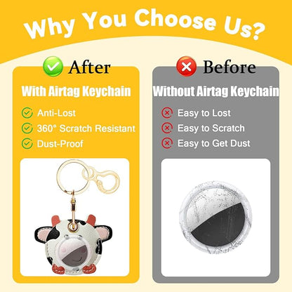 Leather Keychain for Airtag, Cute Protective Keychain Holder Compatible with Apple Air Tag,GPS Item Tracker Case Cover for Keys,Bags,Pets,Luggage(Cow)
