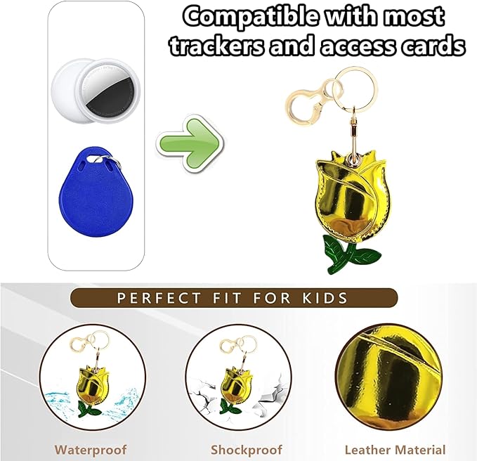 Leather Keychain Holder Case Compatible with AirTag,Cute Protective Shiny Charm Cover with Keyring,Anti-Scratch Finder GPS Tracker Case for Wallet Keys,bag,pets(Yellow Rose)