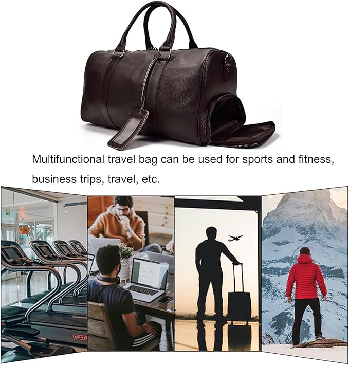 Leather Travel Bag Large Capacity Luggage Duffel Bag with Shoe Compartment, Men Women Weekend Shoulder Handbag for Holiday Business Trip (55cm-Brown)