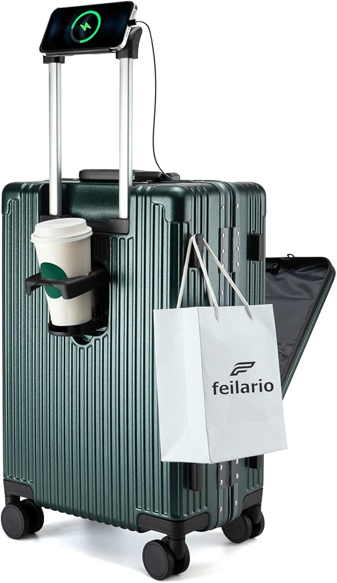 feilario 24in Aluminium Frame Zipperless PC Hard Shell Spinner Wheels Luggage, Built-In TSA lock Carry on Suitcase, with Cup Holder, USB Port, Phone Holder