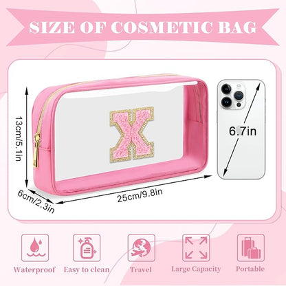 Personalized Initial Letter Clear Makeup Bag,Preppy Small Nylon&PVC Cosmetic Zipper Bag with Chenille Letter,Portable Beach Travel Skincare Toiletry Bag,Trendy Monogram Gift for Teen Girls Women,X