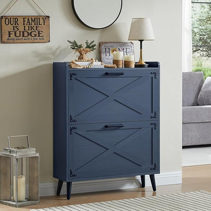 Shoe Storage Cabinet,Farmhouse Shoe Organizer with 2 Flip Drawers & Barn Door Design,Freestanding Hidden Slim Narrow Shoe Rack Cabinet for Entryway,Foyer,Hallway,Navy Blue
