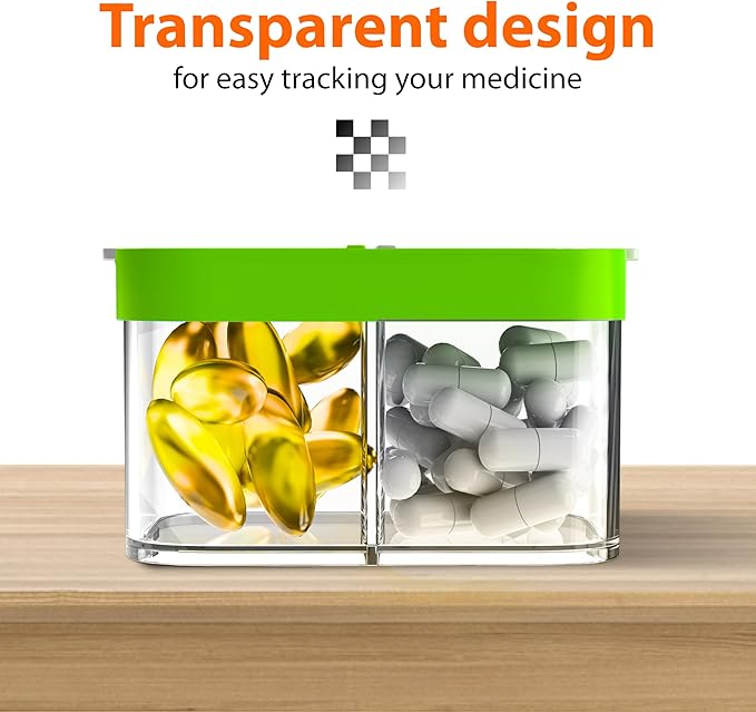 Extra Large Weekly Pill Organizer - XL Vitamin Holder with 7 Detachable AM PM Compartments - Portable Medicine Dispenser for Home and Travel, Big Supplement Container for Weekly or Daily Use, Green