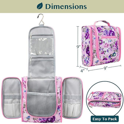 PAVILIA Toiletry Bag Travel Bag for Women Men, Hanging Cosmetic Organizer, Water Resistant Makeup Bag for Accessories Toiletries, Large Travel Essentials Kit (Floral Pink)