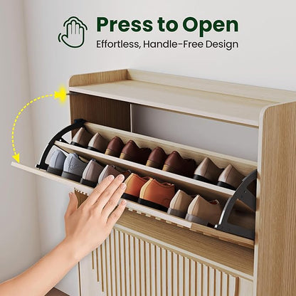Shoe Cabinet with 2 Flip Drawers, Narrow Wooden Shoe Storage Cabinet for Entryway, Free-Standing Shoe Organizer with Rattan-Style Doors, Space-Saving Shoe Rack for Heels, Boots & Slippers(Wood Color)