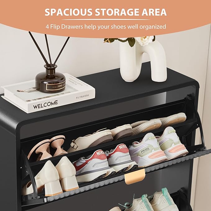 RARZOE Set of 2 Fluted Shoe Storage Cabinets for Entryway, Narrow Curved Shoe Cabinet with 2 Flip Drawers, Freestanding Wood Hidden Shoe Organizer Closed Shoe Rack Cabinet for Foyer,Hallway (Black)