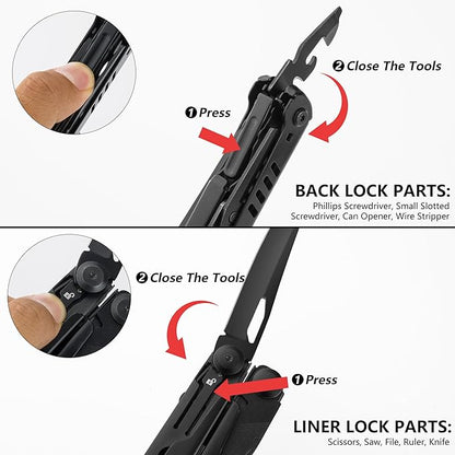 FLISSA 15-in-1 Multi-tool Pliers with Sheath, Portable Pocket Knife with Safety Locking System, Belt Clip and Sheath for Outdoors, Survival, Camping, Fishing, Hunting – Ideal Christmas Gift for Man