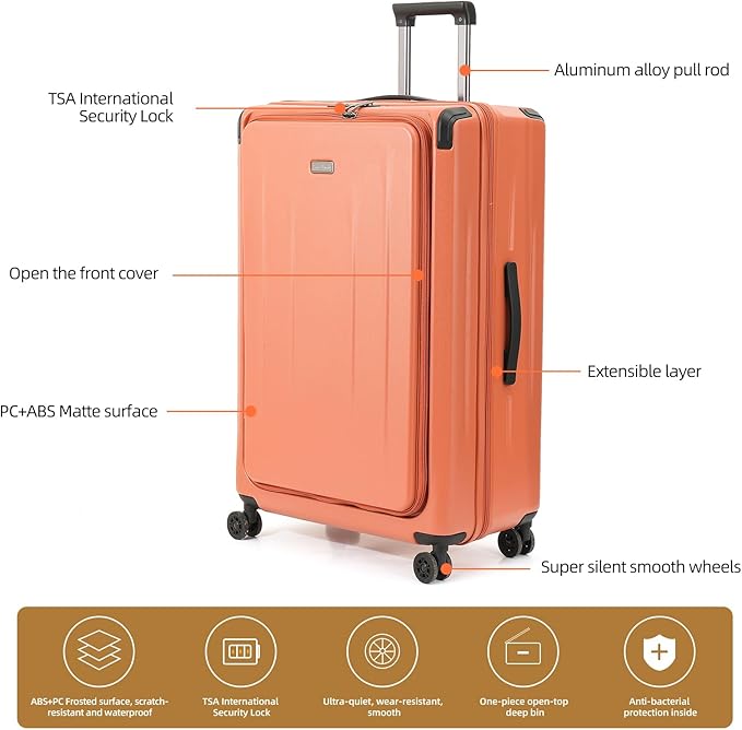 29 Inch Luggage, Top Opening Airline Approved ABS+PC Hard Shell Suitcases with Silent Wheels, TSA Lock,Front Pocket and Wet-dry Separated Six-piece Set (AD Orange, 29-Inch)