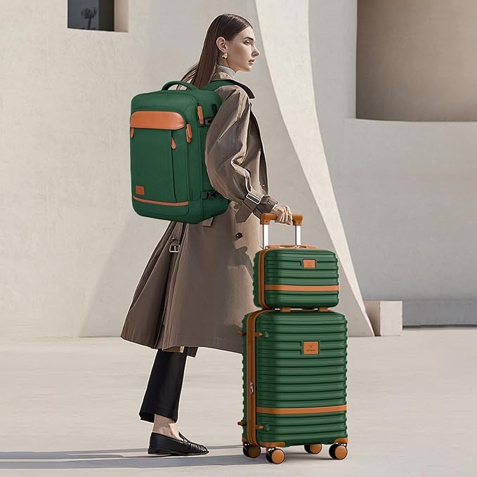 Joyway Expandable Carry on Luggage Sets Airline Approved, Lightweight Hard Shell 20 Inch Carry-on Suitcase with Spinner Wheels, Green Brown