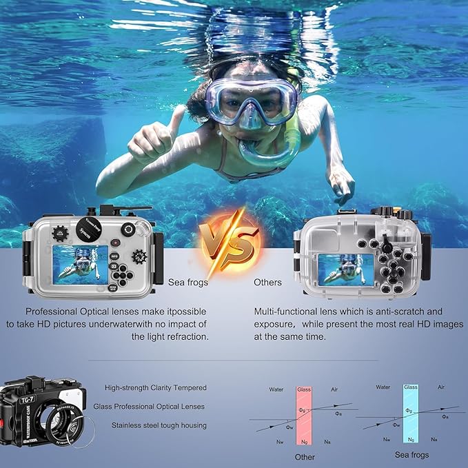 Sea frogs Camera Housing Compatible with Olympus TG7 with Wide-Angle Lens and Red Filter, Waterproof IPX8 Rated, 60m/197ft Depth Protection Underwater Camera Case, Black