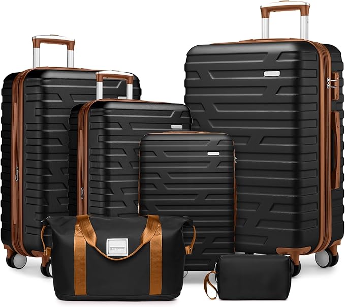 Merax 6 Piece Luggage Set, ABS Hardside Expandable Suitcase with Spinner Wheels TSA Lock, Travel Suitcases for Men/Women, Black