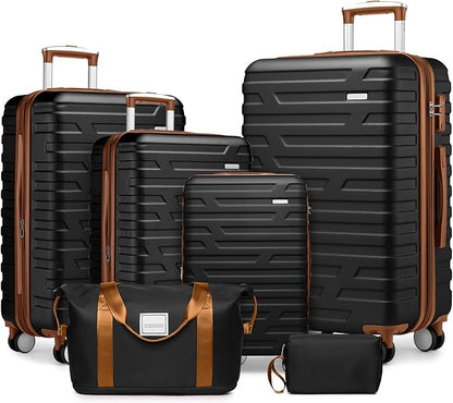 Merax 6 Piece Luggage Set, ABS Hardside Expandable Suitcase with Spinner Wheels TSA Lock, Travel Suitcases for Men/Women, Black