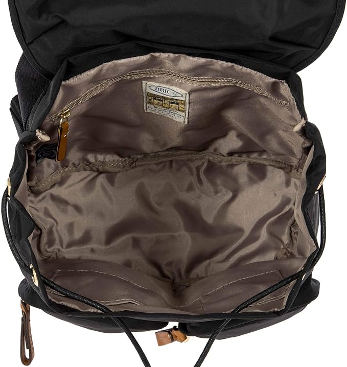 Bric's X-Travel Piccolo City Backpack 10", Water-Resistant Satin Nylon Daypack with Leather Details, Drawstring Closure, Adjustable Straps and Multi-Pocket Organization - Black