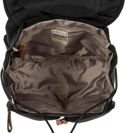 Bric's X-Travel Piccolo City Backpack 10", Water-Resistant Satin Nylon Daypack with Leather Details, Drawstring Closure, Adjustable Straps and Multi-Pocket Organization - Black