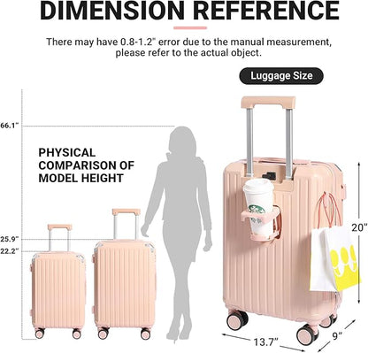 Carry-on Luggage with Cup Holder & USB Charging Port, Hard Side Luggage with Spinner Wheels, Lightweight Luggage for Travel, Business (Pink, Carry-On 20-Inch)