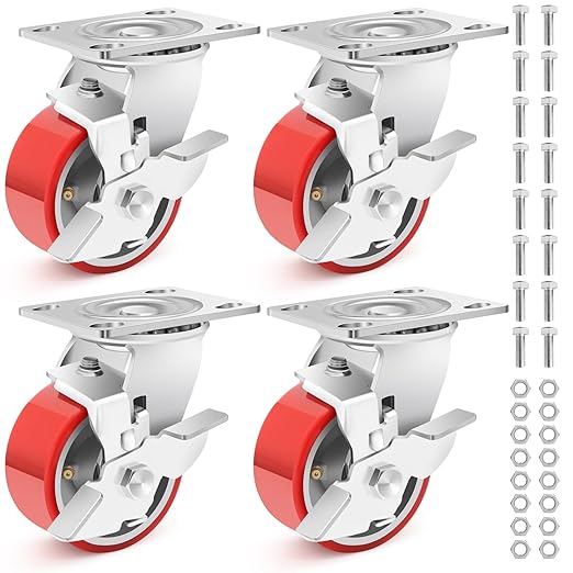 Nefish 4 Inch Industrial Grade Casters Wheels, Heavy Duty Aluminum Core PU Castor Set of 4, Durable Plate Swivel Casters with Brake 3200 LBS, Anti-Corrosion Wheels for Industrial, Machine