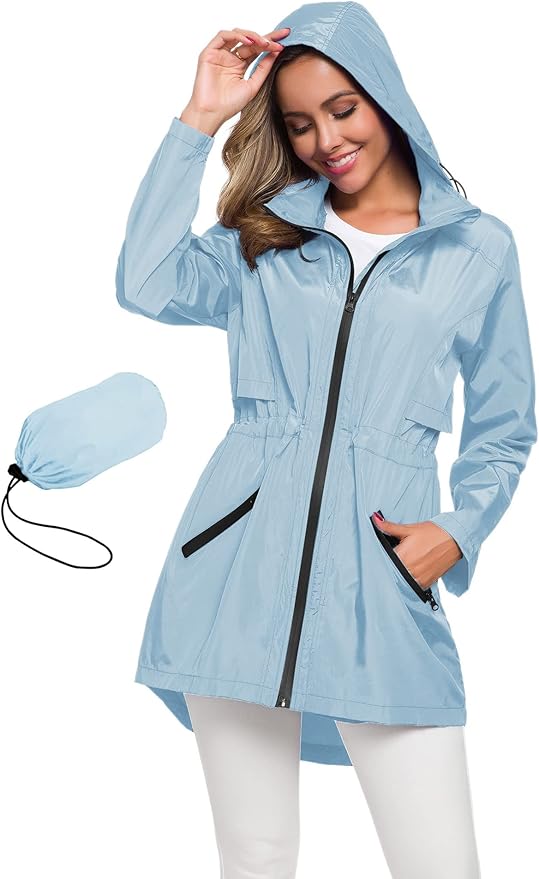 Avoogue Women's Long Raincoat with Hood Outdoor Lightweight Windbreaker Rain Jacket Waterproof