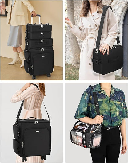 Relavel Rolling Makeup Case, 4 in 1 Hairstylist Traveling Bag with Clear Makeup Brush Case, Cosmetology Case on Wheels Large Hair Tools Cosmetics Train Case Makeup Artist Storage Organizer Trolley