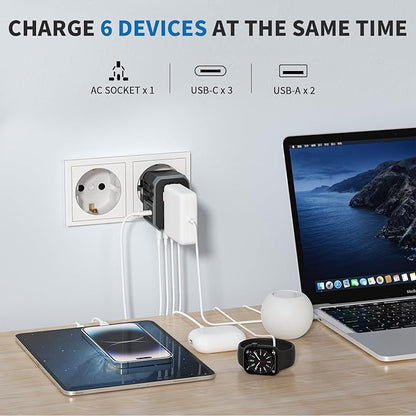 EPICKA Universal Travel Adapter, International Power Adapter with 2 USB-A & 3 USB-C Ports Wall Charger - Worldwide Travel Essentials, European Travel Plug Adapter for UK/US/AU (TA-105C, Black)