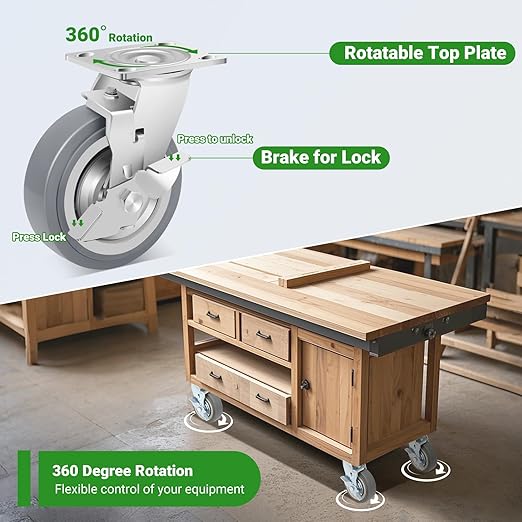 Nefish 6 Inch Heavy Duty Casters Wheels, Industrial Grade Thermoplastic Rubber Casters with Brake 4500 LBS, Ball Bearing Plate Swivel Castors Set of 4, Casters Wheels for Equipment, Industrial