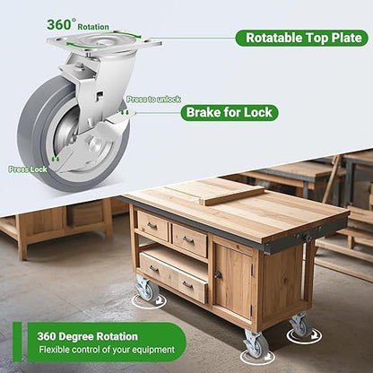 Nefish 6 Inch Heavy Duty Casters Wheels, Industrial Grade Thermoplastic Rubber Casters with Brake 4500 LBS, Ball Bearing Plate Swivel Castors Set of 4, Casters Wheels for Equipment, Industrial
