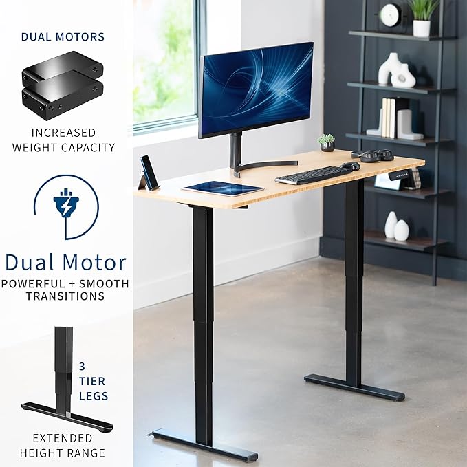 VIVO Electric 60 x 24 in Dual Motor Sit Stand Desk, Memory Height Adjustment, 2B Series, Bamboo Top Black Frame, DESK-KIT-2B6O