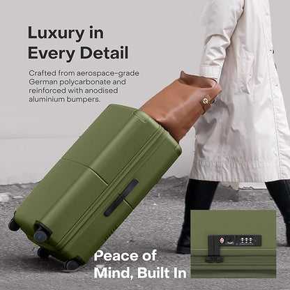 Checked Expandable - 24.5" Airline Approved Check In Luggage with Wheels, Spinner Suitcase for Men & Women - TSA Lock Rolling Suitcase, Spinner Wheels, Expansion Zip, Y-Strap - Moss