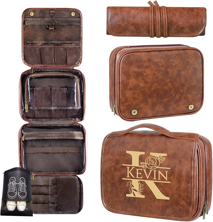 ORYG Customizable 3-in-1 Hanging Toiletry Bag - PU Leather Initial Engraving Storage Pouch - Ideal Gift for Dad, Husband, or Boyfriend (Reddish brown)