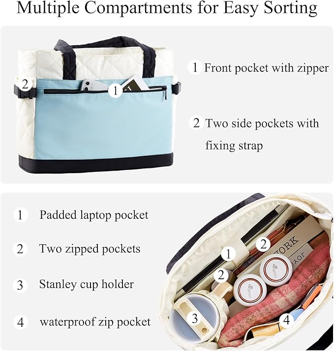 Puffer Tote Bag for Women, Work Bag with Cup Holder, Teacher Bag with Compartments, Quilted Tote Bag with Zipper for Travel