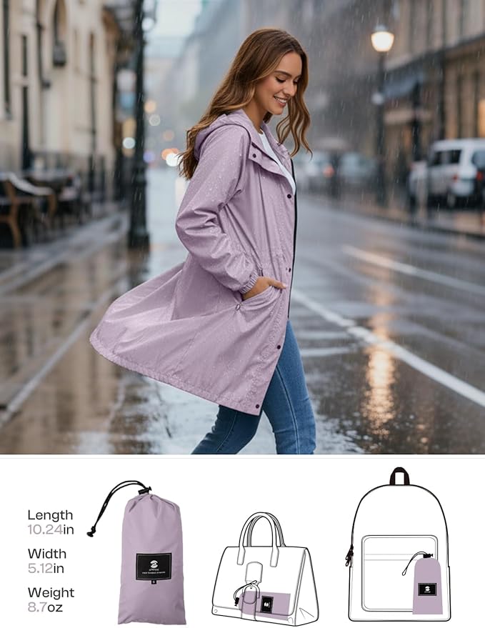 SaphiRose Women's Lightweight Long Rain Jacket Packable Raincoat Hooded Outdoor Trench Coats