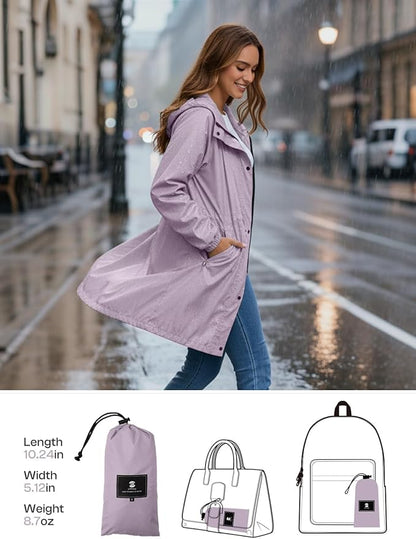 SaphiRose Women's Lightweight Long Rain Jacket Packable Raincoat Hooded Outdoor Trench Coats