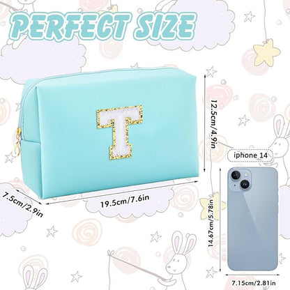Gifts for Girls Initial Makeup Bag Personalized Cosmetic Bag with Zipper Cute Travel Toiletry Bag Waterproof PU Preppy Makeup Pouch Birthday Gift for Teen Girls Women(Blue T)