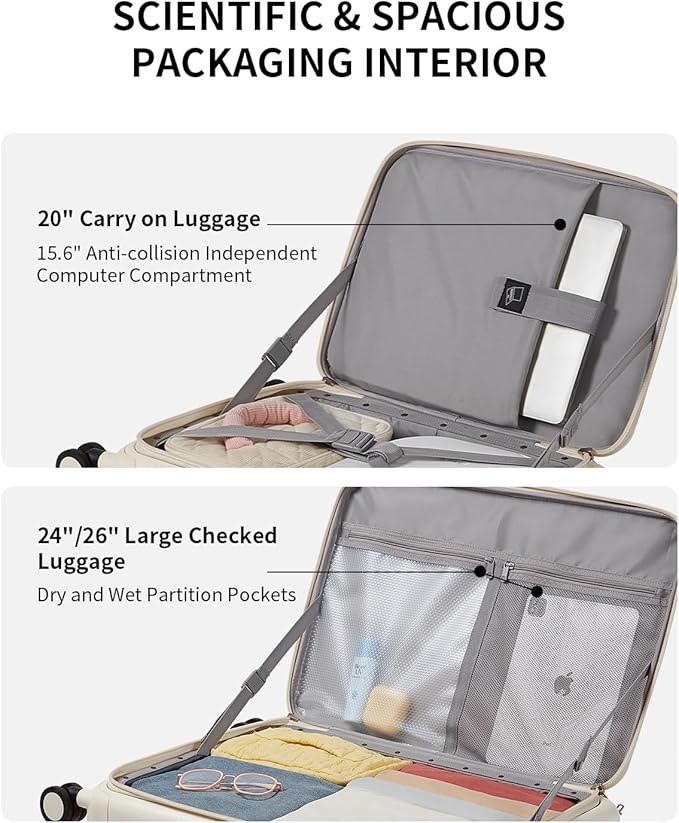 aji Expandable Top Open Carry On Luggage 22x14x9 Airline Approved, 20 Inch Hard Shell Carry On Suitcase with Spinner Wheels,Travel Small Luggage for Women Men,Coconut White