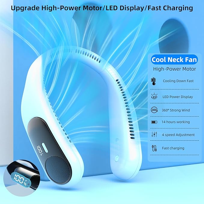 Portable Neck Fan,Personal Wearable Bladeless Fan,LED Display,4-Speeds,6000mAh USB Rechargeable,360° Strong Cooling Wind,Hands Free,White Elephant Gift,Christmas Gifts for Men Women (Light blue)