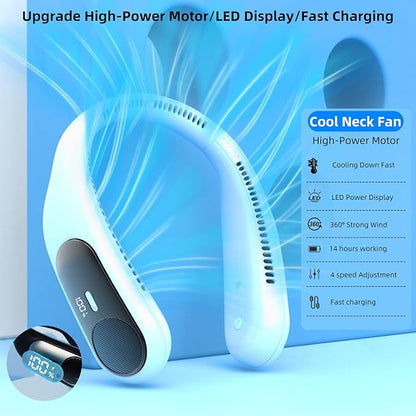 Portable Neck Fan,Personal Wearable Bladeless Fan,LED Display,4-Speeds,6000mAh USB Rechargeable,360° Strong Cooling Wind,Hands Free,White Elephant Gift,Christmas Gifts for Men Women (Light blue)