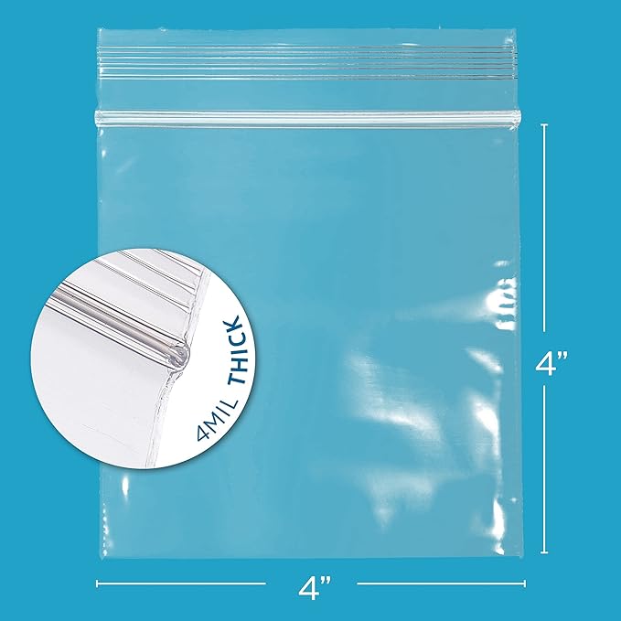 GPI - Pack of 100, 4" x 4" CLEAR PLASTIC RECLOSABLE ZIP BAGS - Heavy Duty, Bulk 4 mil Thick Strong & Durable Poly Baggies with Resealable Zip Top Lock For Travel, Storage, Packaging & Shipping