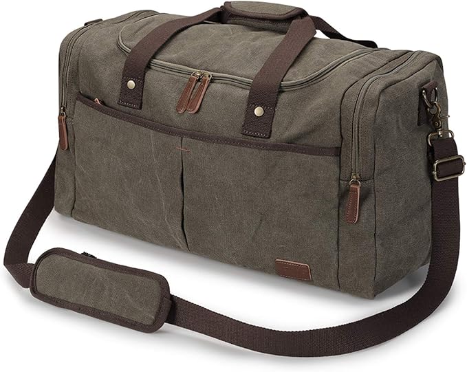 S-ZONE Large Canvas Travel Duffel Bag Weekend Overnight Bag with Shoes Compartment Holdall Gym Bag with Multi-Pockets for Men and Women, Army Green, X-Large