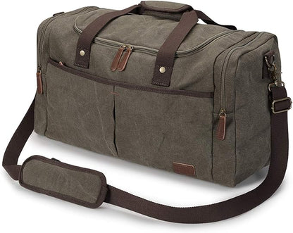 S-ZONE Large Canvas Travel Duffel Bag Weekend Overnight Bag with Shoes Compartment Holdall Gym Bag with Multi-Pockets for Men and Women, Army Green, X-Large