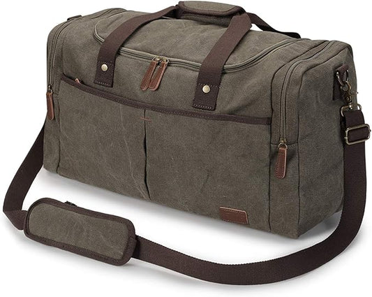 S-ZONE Large Canvas Travel Duffel Bag Weekend Overnight Bag with Shoes Compartment Holdall Gym Bag with Multi-Pockets for Men and Women, Army Green, X-Large