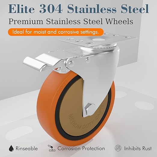 5 Inch 304 Stainless Steel Casters with Brake, Set of 2, Heavy Duty Swivel Wheels for Commercial Kitchen, Food Processing, Hospital, Lab, Utility Carts
