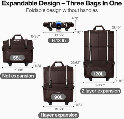 mixi Travel Bag with Wheels Expandable Foldable Luggage Bag Collapsible Rolling Travel Duffel Bags Large Capacity Suitcase for Men Women, Brown