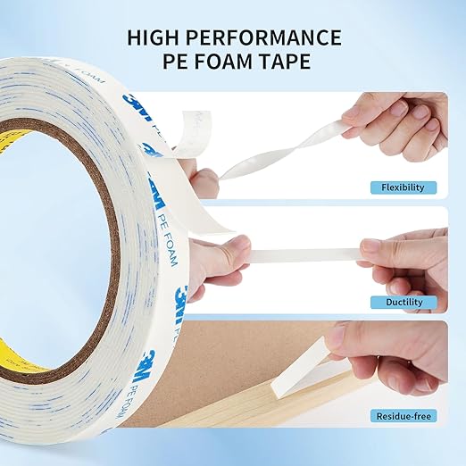 3M 1600T Double Sided Tape, PE Foam Tape 0.39" x 18 Ft White Removable Strong Adhesive No Residue for RV Picture Hanging, Posters Frames Wall Decor Indoor & Outdoor Use
