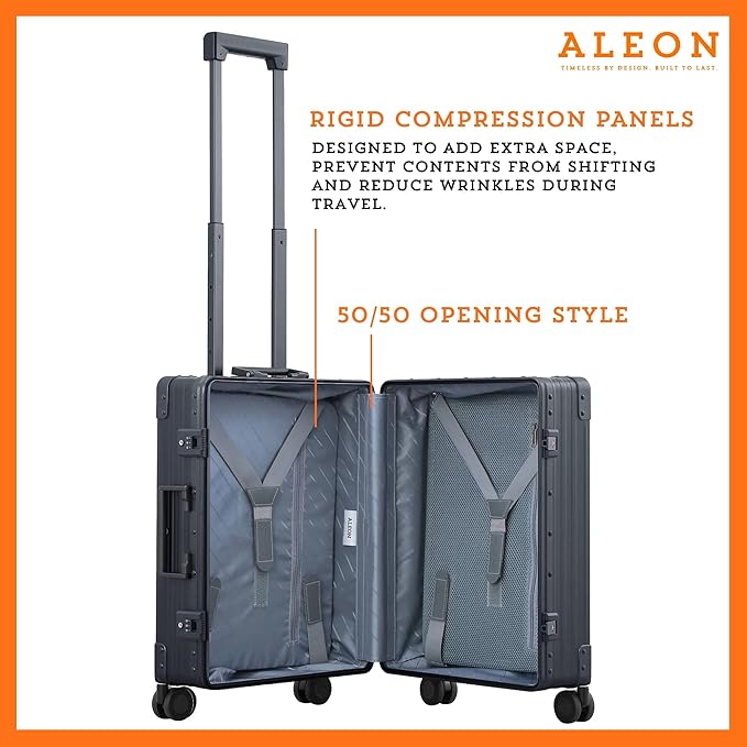 Aleon All Aluminum Lightweight Carry-On Luggage - Hardside Carry-On Suitcase, TSA Approved, Hard Shell Suitcase for Travel, Airline Approved 21 Inch Hard Spinner Wheels Luggage (Onyx)